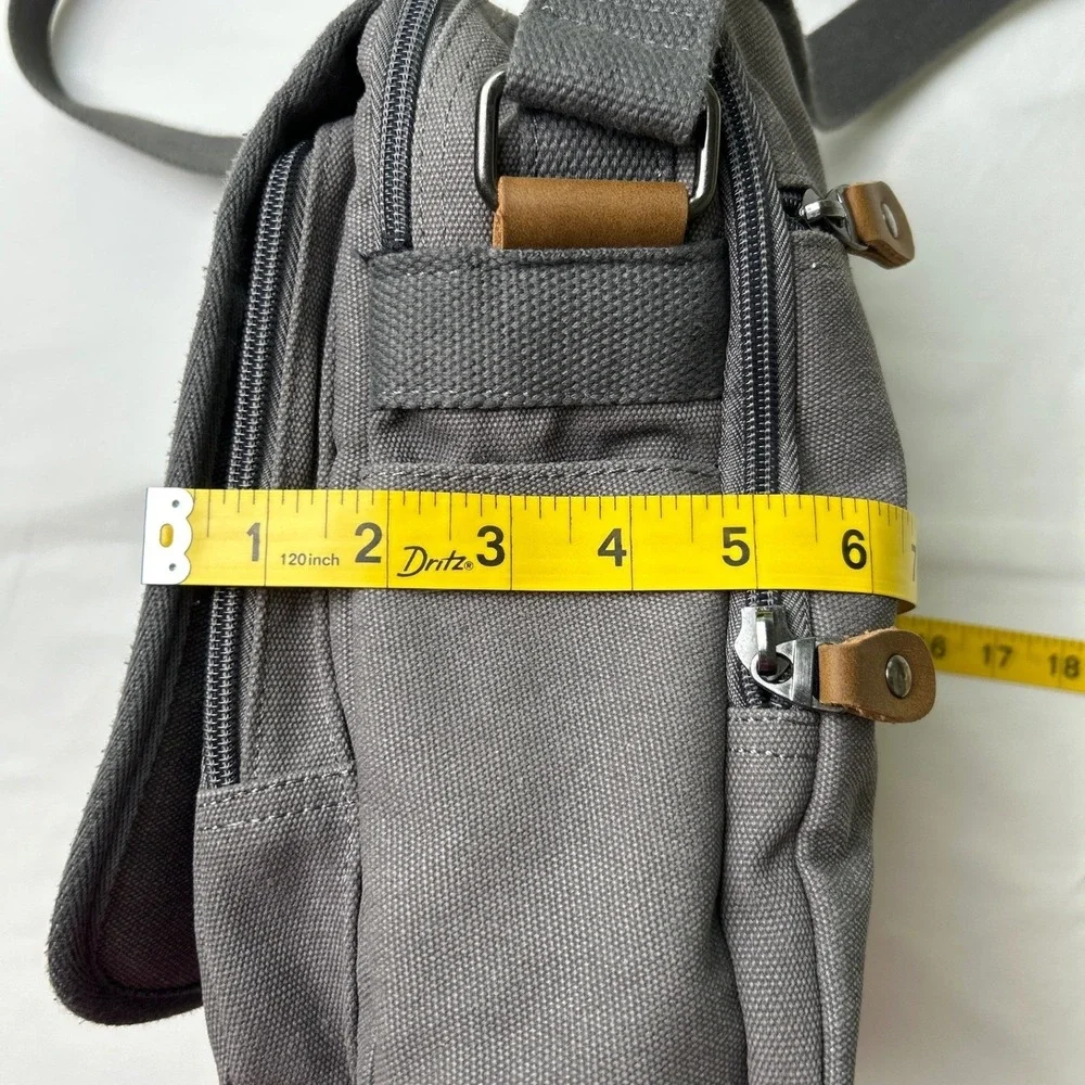 Plambag Mens Gray Canvas Multi Pocket Messenger Crossbody Bag Medium Gray